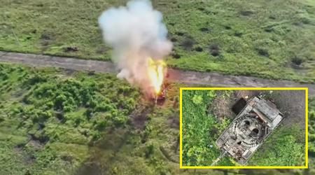 Et ukrainsk dronebombefly ødelagde en russisk T-80BV kampvogn med en enkelt granat, der ramte den direkte i lugen.