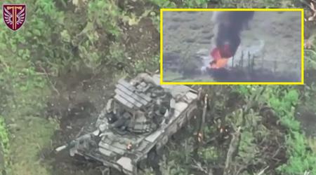 Billige ukrainske kamikaze-droner nedbrændte en russisk T-80BV-kampvogn med det dynamiske Contact-1-forsvarssystem