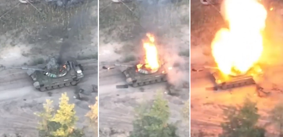 Ukrainske FPV-droner med artilleri ødelagde en russisk moderniseret T-72B3 kampvogn