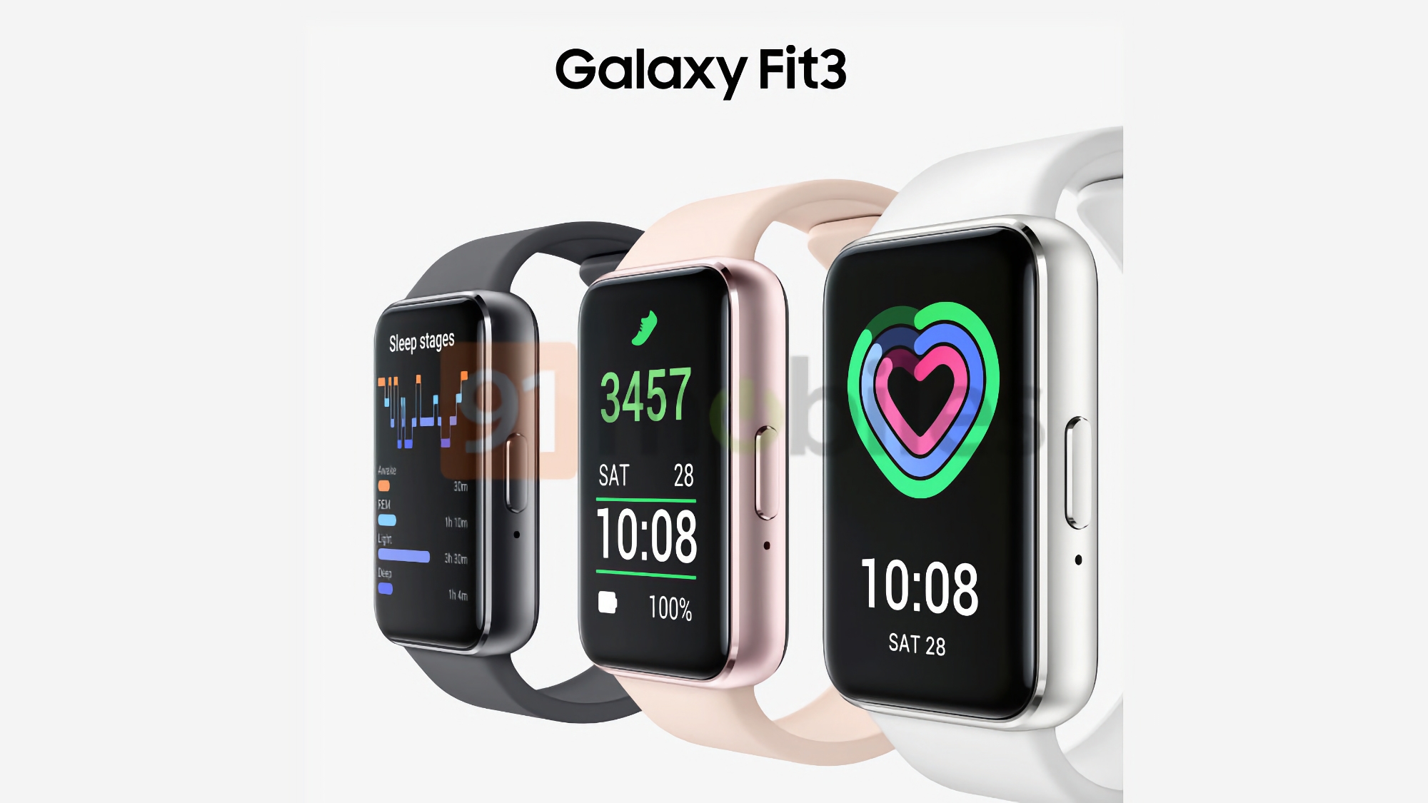 Samsung Galaxy Fit 3 er vist på kvalitetspressebilleder: stor skærm og tre farver