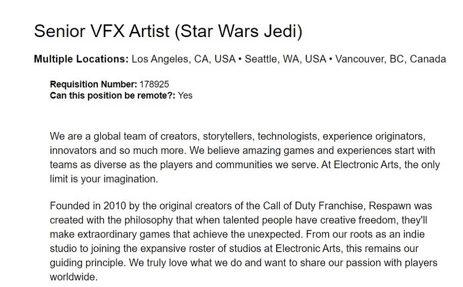 Historien er ikke slut endnu: En ny Star Wars Jedi er allerede under udvikling - som det fremgår af Respawn Entertainments jobopslag.-2