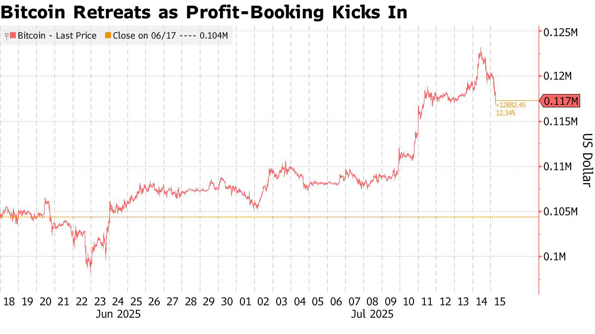 Bitcoin korrigeret til $117.000 efter en rekordtop over $123.000
