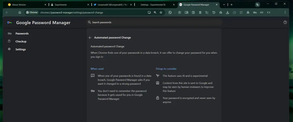 Skærmbillede af den nye funktion til nulstilling af adgangskode i Google Chrome
