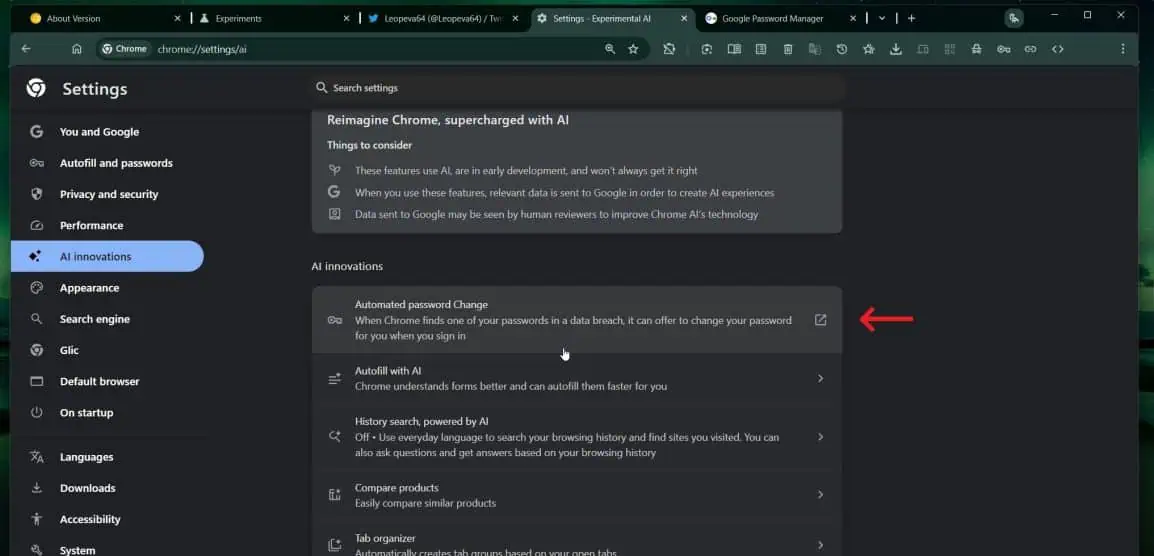 Interface til ændring af adgangskode i Google Chrome
