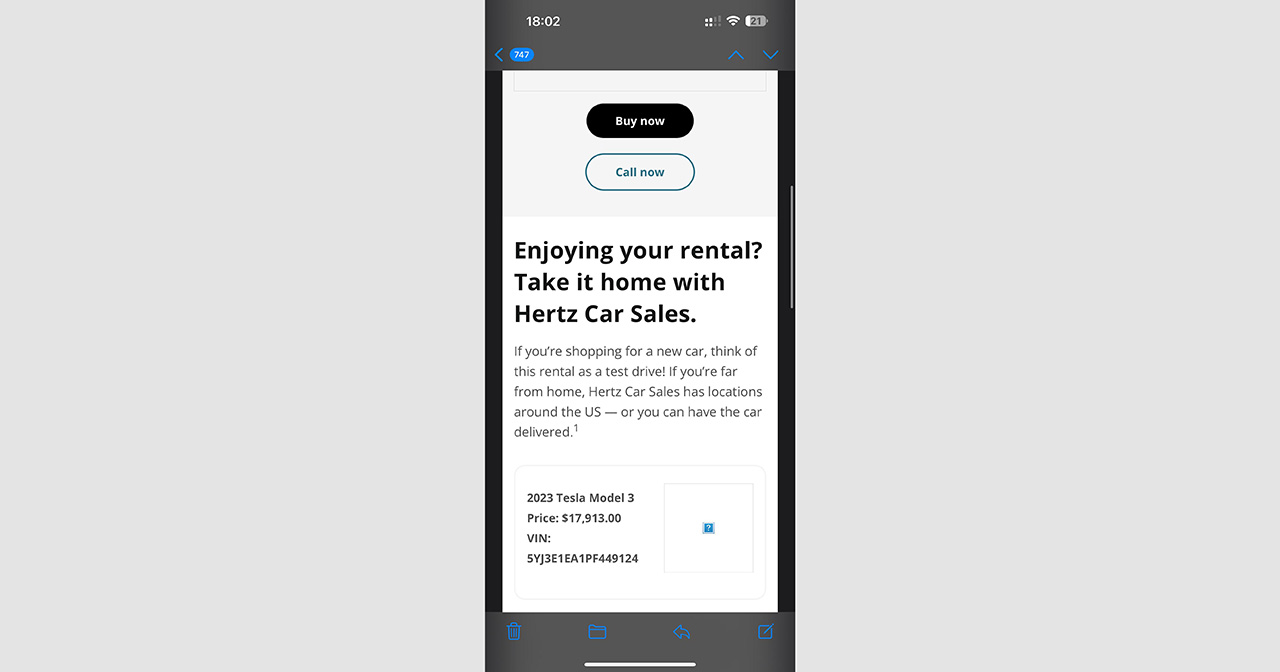 Skærmbillede af en e-mail fra Hertz, der tilbyder at købe Tesla Model 3 tilbage