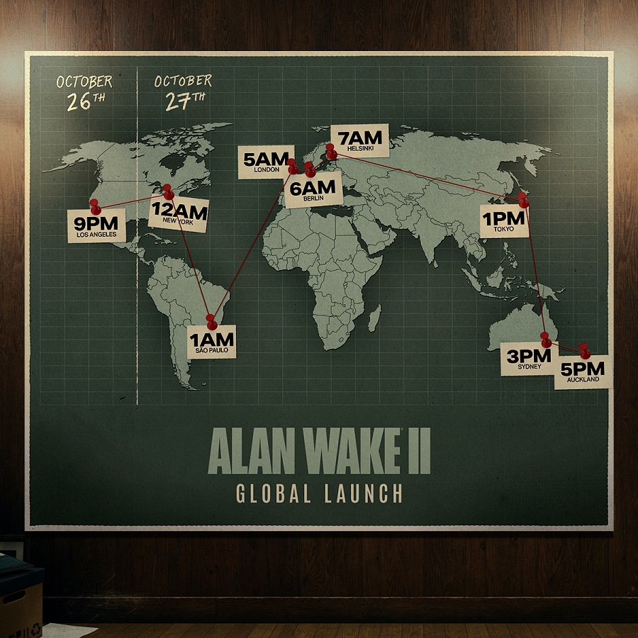 Umuligt at gå glip af: Remedy har offentliggjort et visuelt udgivelseskort for Alan Wake 2, der viser spillets udgivelsestidspunkt i de vigtigste tidszoner-2