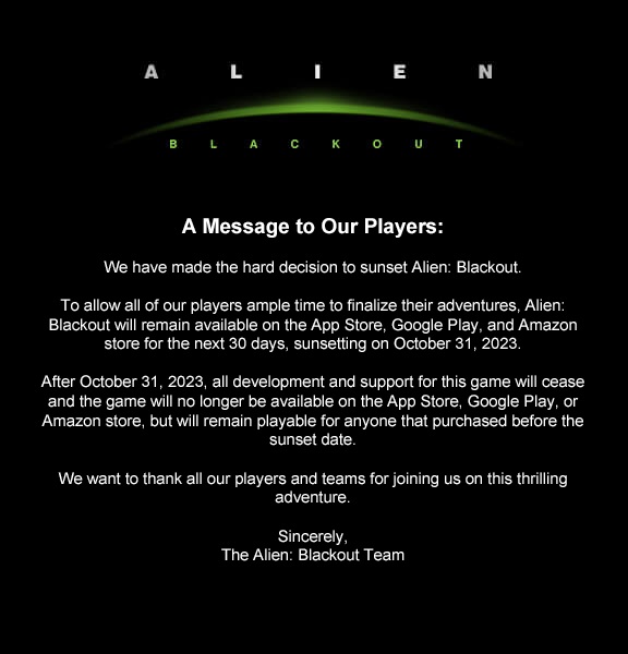 Mobilspillet Alien: Blackout bliver fjernet fra App Store, Google Play og Amazon Store den 31. oktober.-2