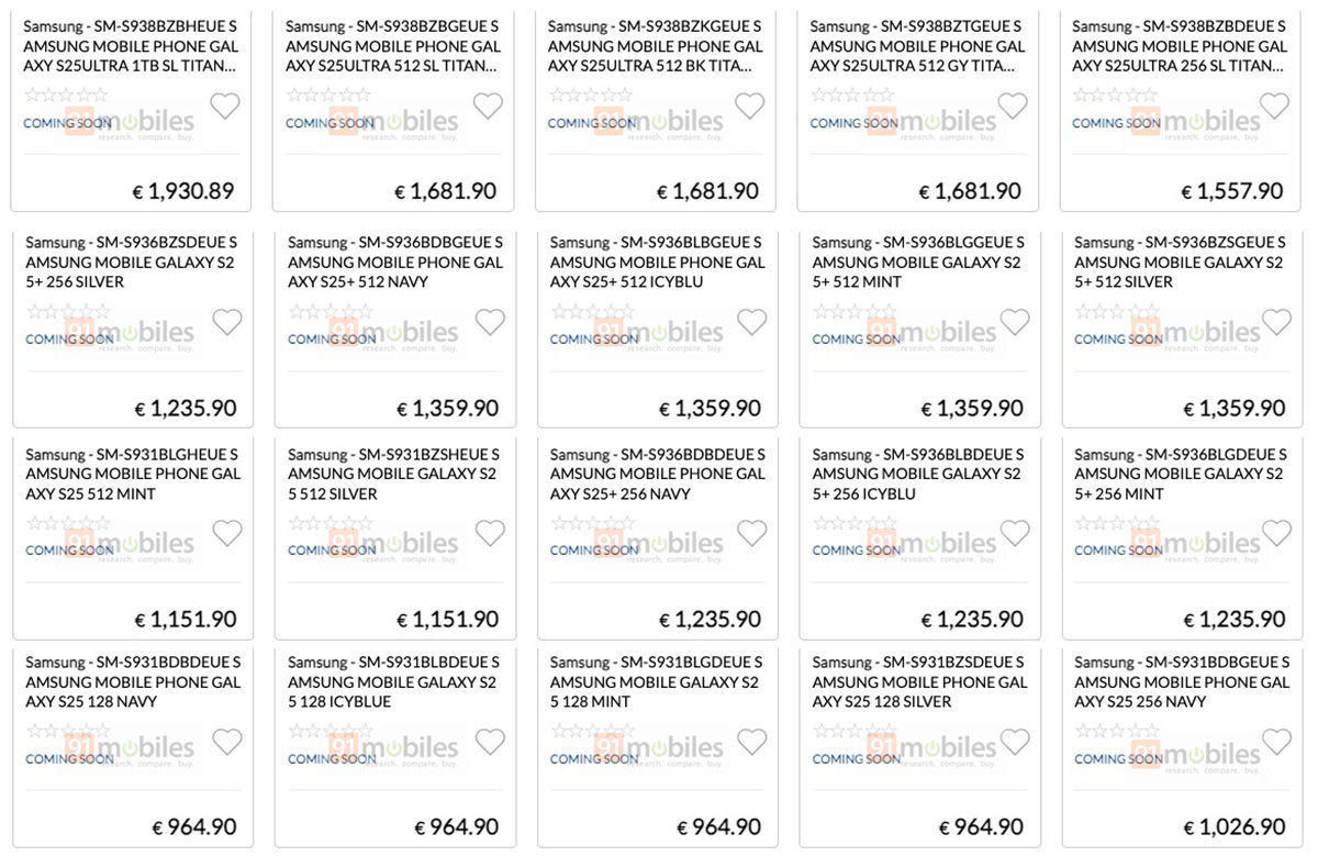 Prissammenligning for Samsung Galaxy S25 med forskellige modifikationer