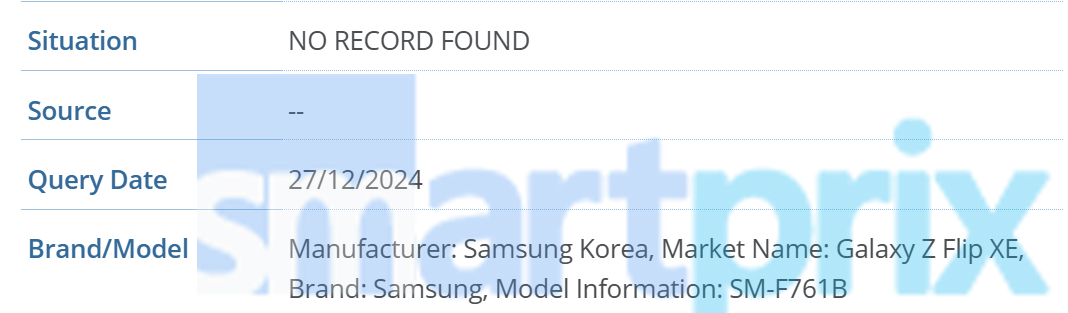 Oplysninger om Samsung Galaxy Z Flip FE (XE) i GSMA-databasen