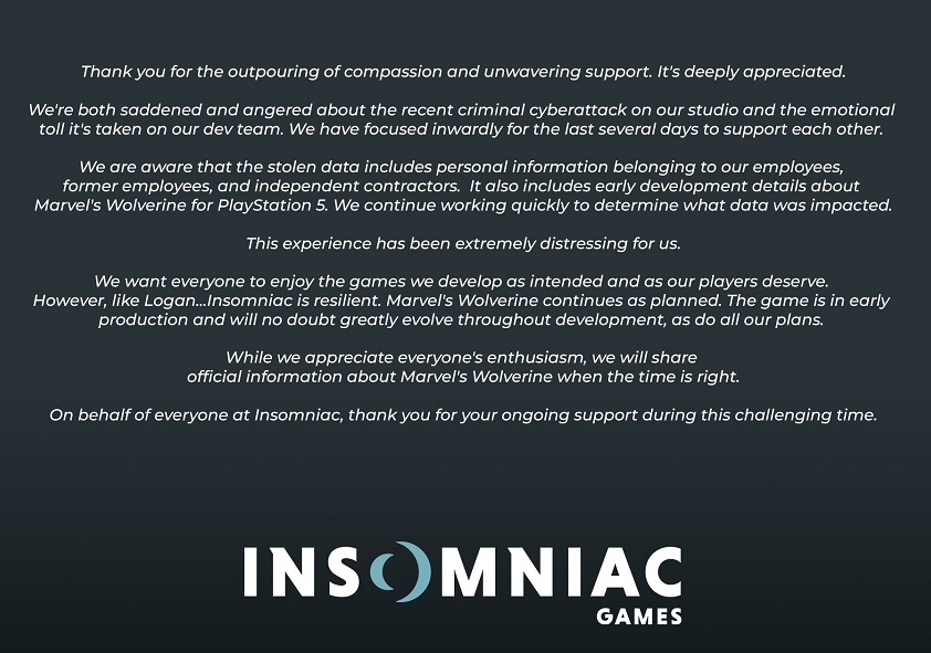 Overvældet, men ikke knækket: Insomniac Games-teamet har udsendt en erklæring om konsekvenserne af det massive læk af vigtig information-2