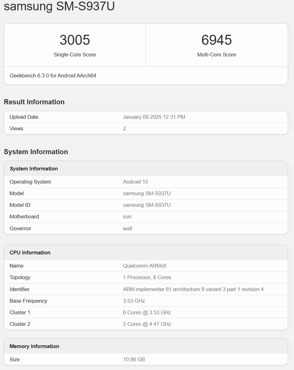 Galaxy S25 Slim testresultater på Geekbench