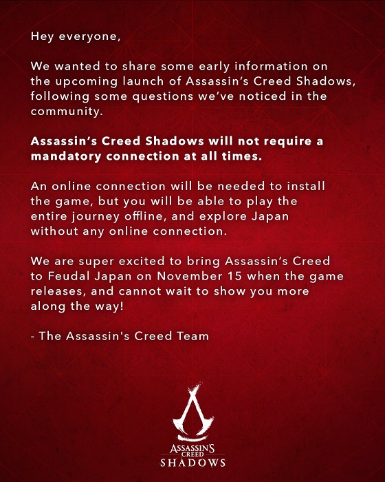 Nu er det officielt: Assassin's Creed Shadows har ikke brug for en konstant internetforbindelse-2