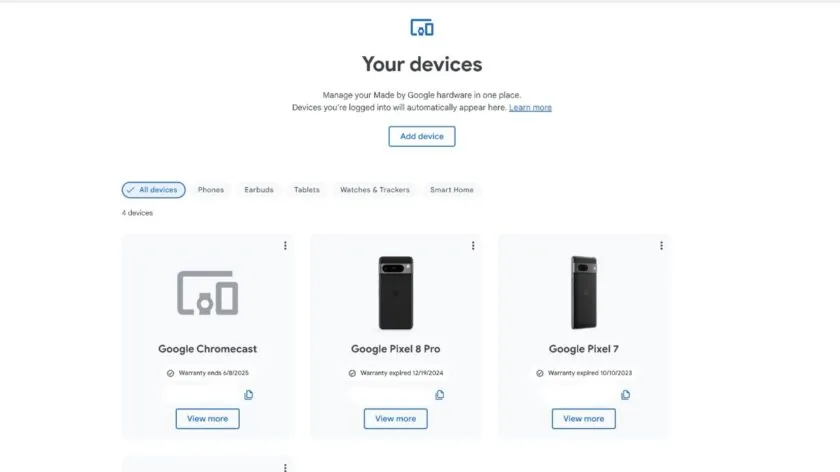 Illustration af siden 'Dine enheder' i Google Store