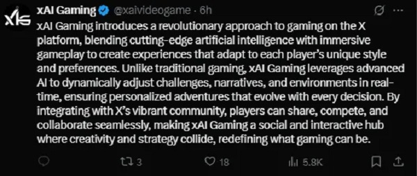 Screenshot of a post about xAI Gaming