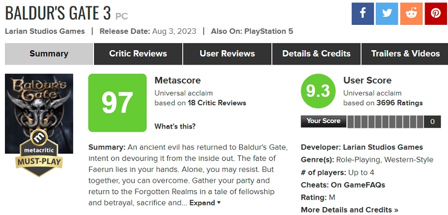 Baldur's Gate 3 er en kolossal succes for Larian Studios og er blevet det højest vurderede spil i 2023 og er blandt de bedste projekter i Metacritics historie.-2