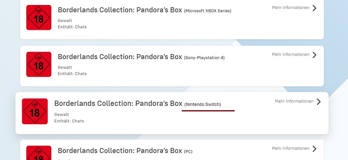 The Borderlands Collection: Pandora's Box kan også udkomme på Nintendo Switch - som det fremgår af oplysninger fra et tysk ratingbureau-2