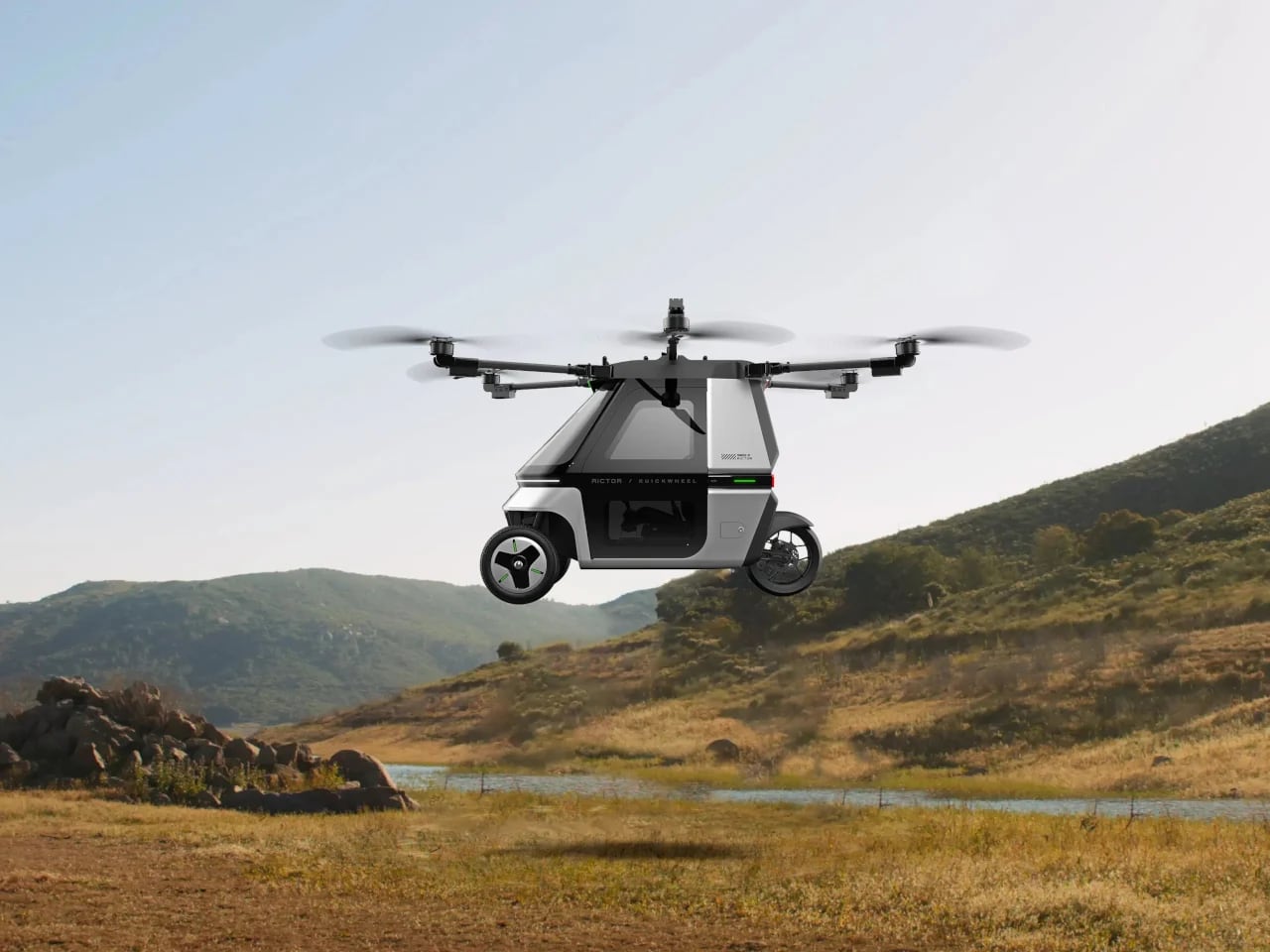 Flyvende motorcykel Kuickwheel Skyrider X6 i luften