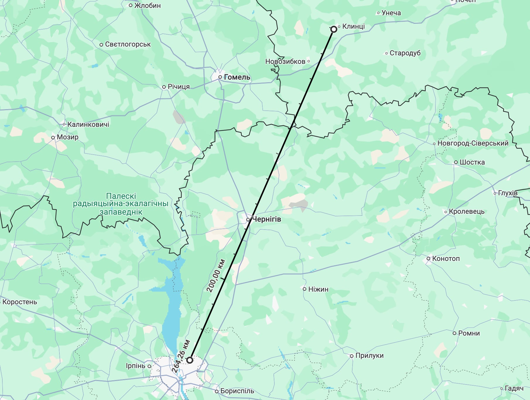 Kort over afstanden fra Klintsy til Kyiv