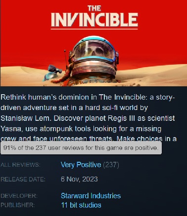 The Invincible vakte ikke stor opsigt blandt gamerne, men de, der prøvede det, var begejstrede! Spillet har over 90% positive anmeldelser på Steam-2