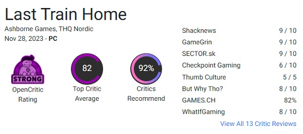 Kritikere og gamere har taget godt imod Last Train Home-strategien: spillet har fået fremragende anmeldelser og høje point.-2