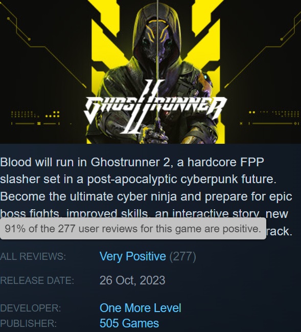 Fedt spil, men ikke for alle: Steam-brugerne er begejstrede for cyberpunk-actionspillet Ghostrunner 2, men online er der kun få-2