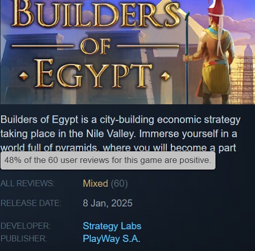 Bygherrer i Egypten anmeldelser. Kilde: Steam