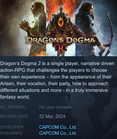Steam har afsløret udgivelsesdatoen for Capcoms Dragon's Dogma 2-rollespil før tid.-2