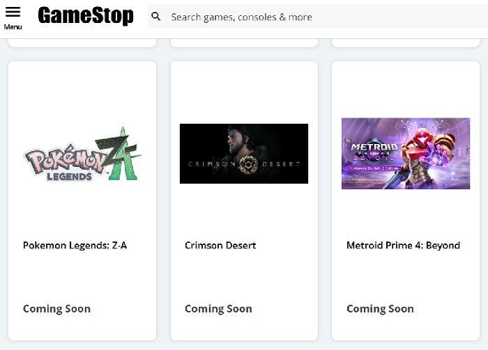 Screenshot af GameStop hjemmeside