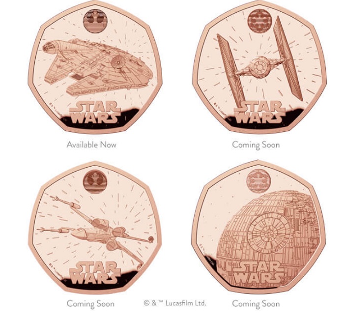Den britiske mønt har udgivet en numismatisk kollektion med tre ikoniske rumskibe og Dødsstjernen fra Star Wars.-3