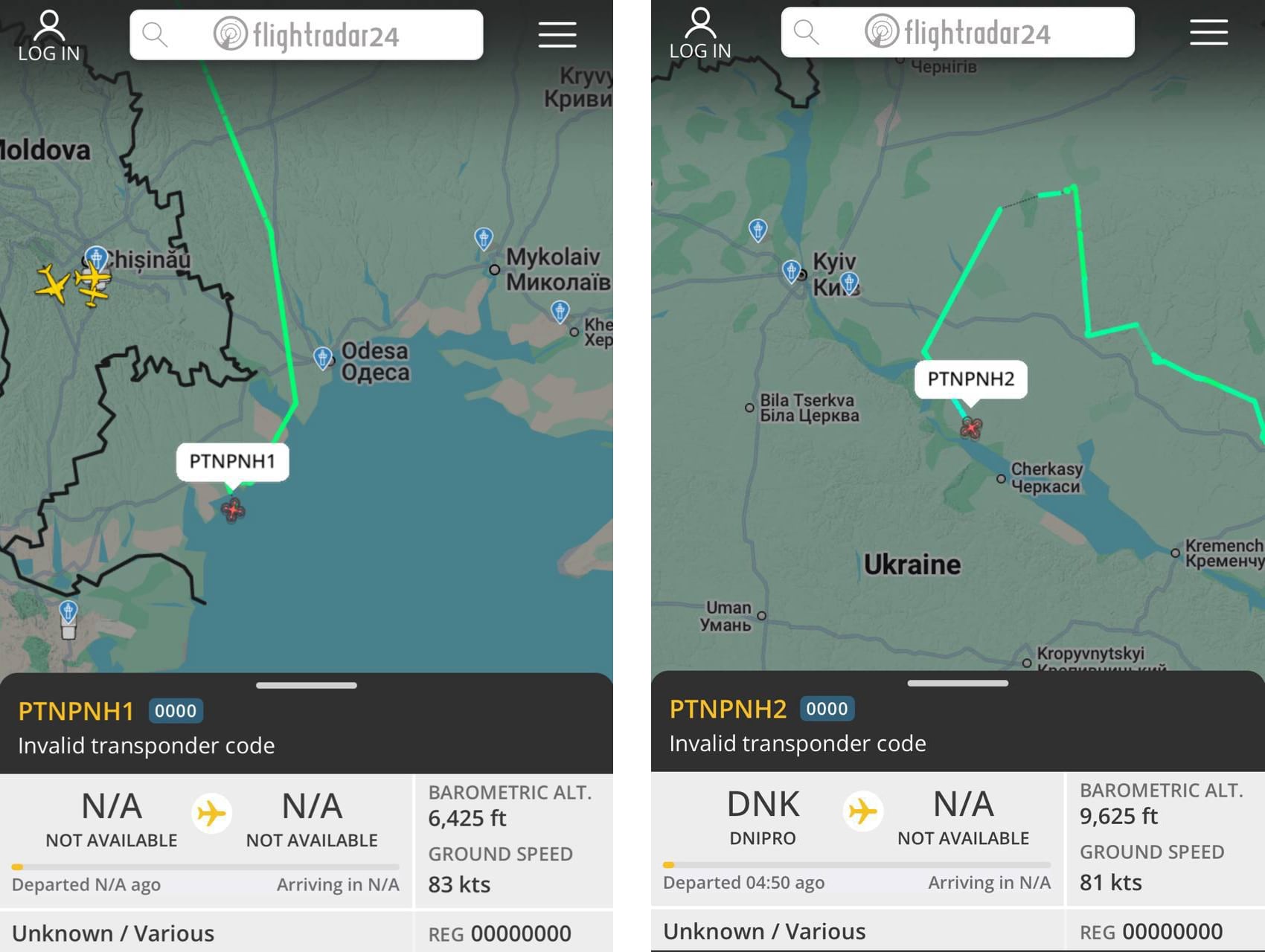 Screenshots fra Flightradar24 servicen