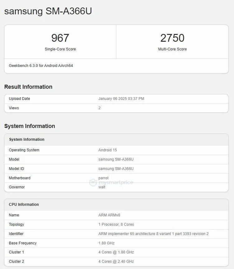 Geekbench-resultat for Galaxy A36