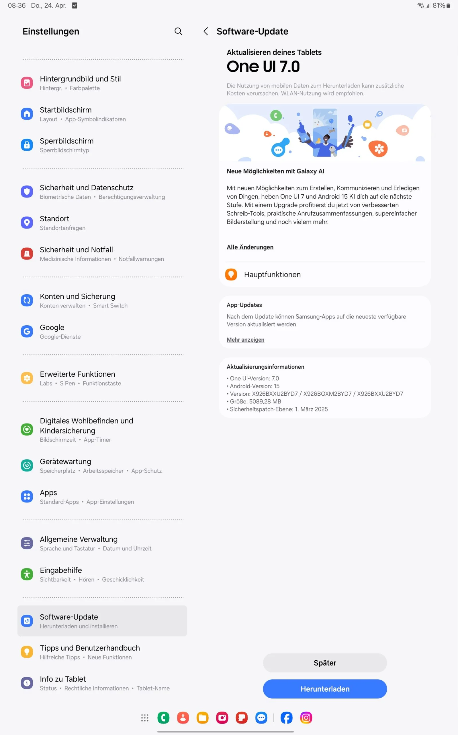 Screenshot of the One UI 7.0 update for the Galaxy Tab S10 Ultra
