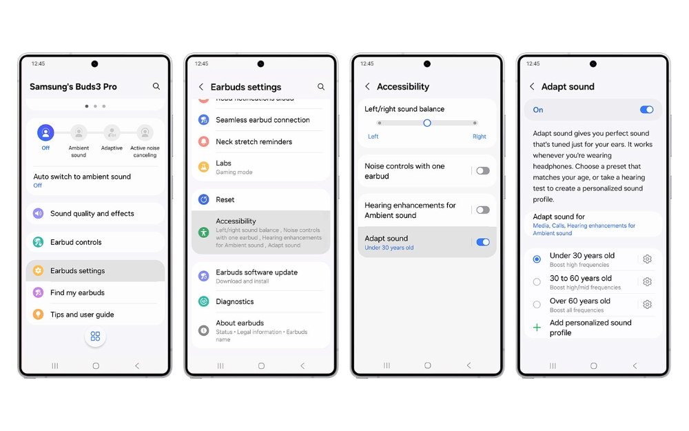 Instruktioner om, hvordan du starter Adapt Sound-funktionen via Galaxy Buds 3 Pro-hovedtelefonernes kontrolmenu