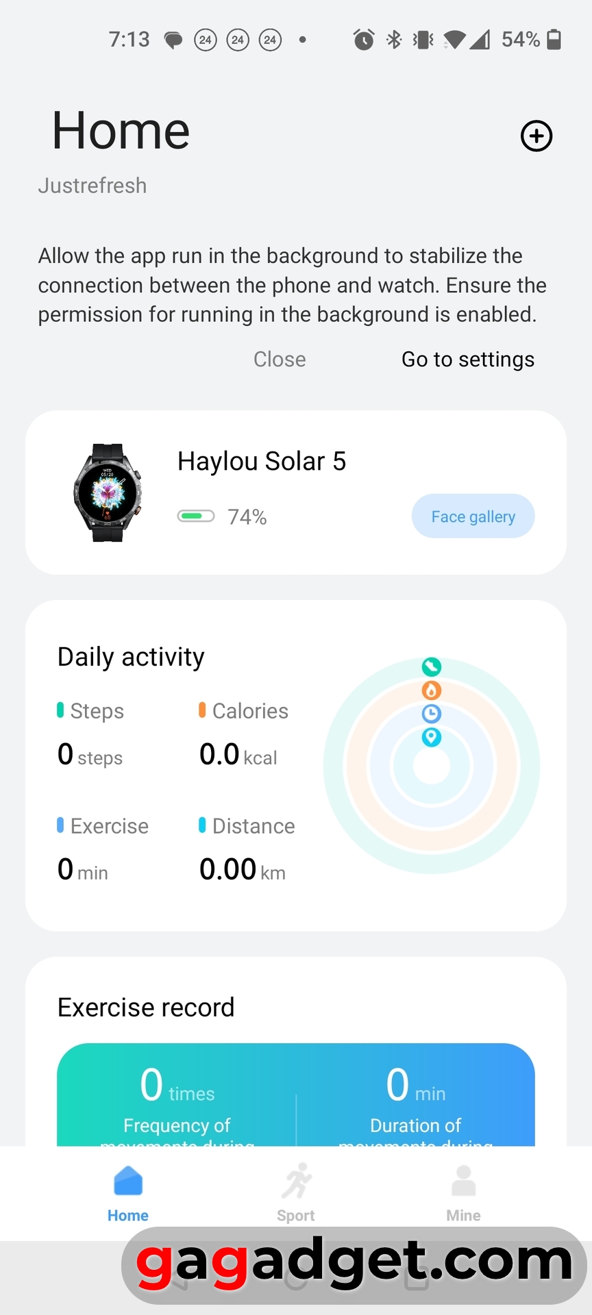 Скриншот интерфейса настройки Haylou Solar 5 - главный экран