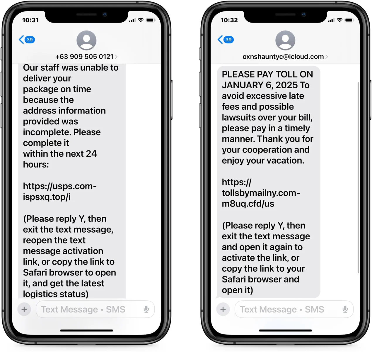 Et eksempel på et phishing-angreb i iMessage