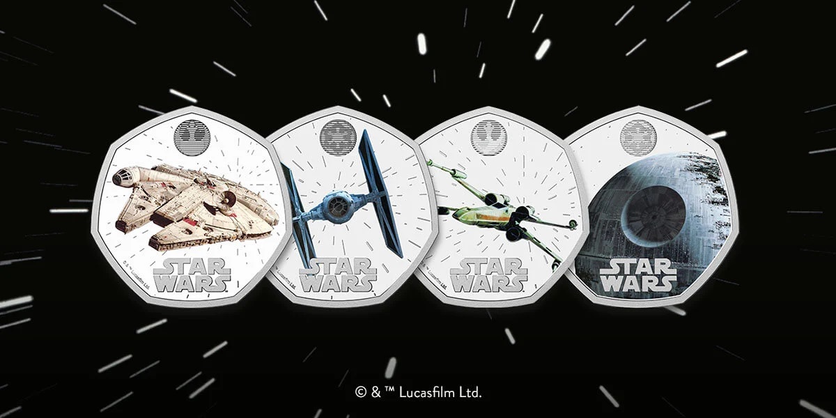 Den britiske mønt har udgivet en numismatisk kollektion med tre ikoniske rumskibe og Dødsstjernen fra Star Wars.