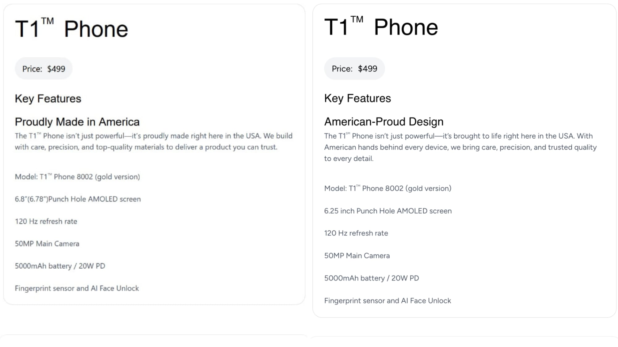Gammel og opdateret beskrivelse af T1 Phone-smartphone
