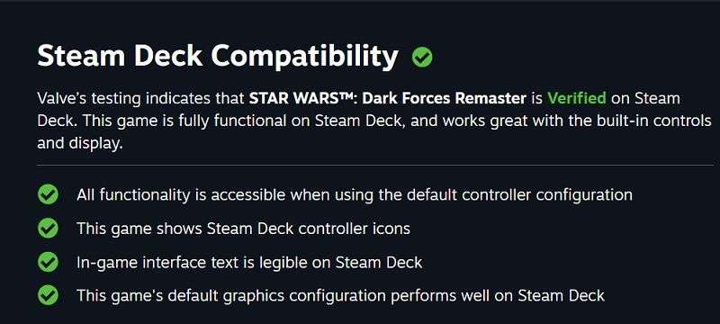 Remasteren af kultskydespillet Star Wars: Dark Forces får fuld Steam Deck-kompatibilitet fra dag ét efter udgivelsen.-2
