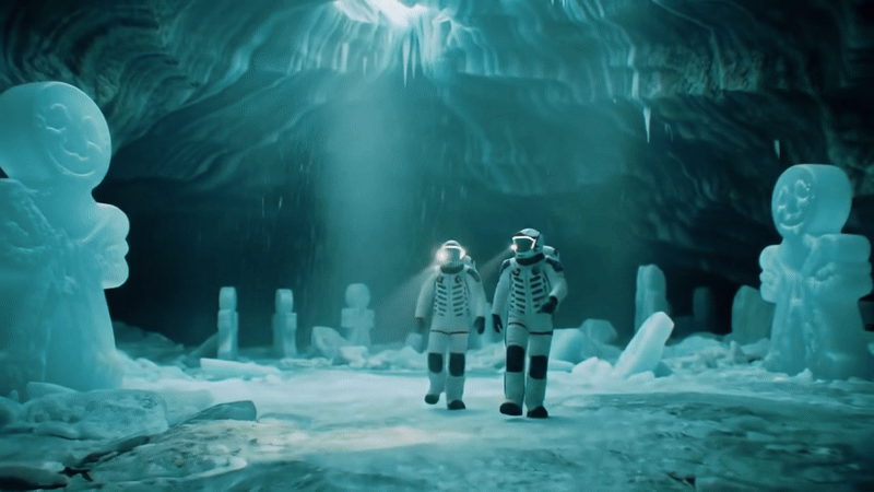 Animation af en isgrotte med folk i rumdragter