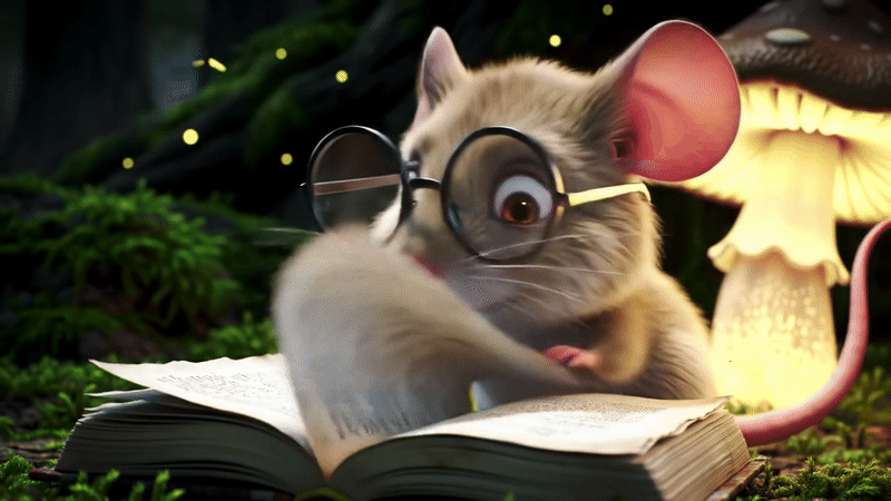 Mus der læser en bog i et skovhul