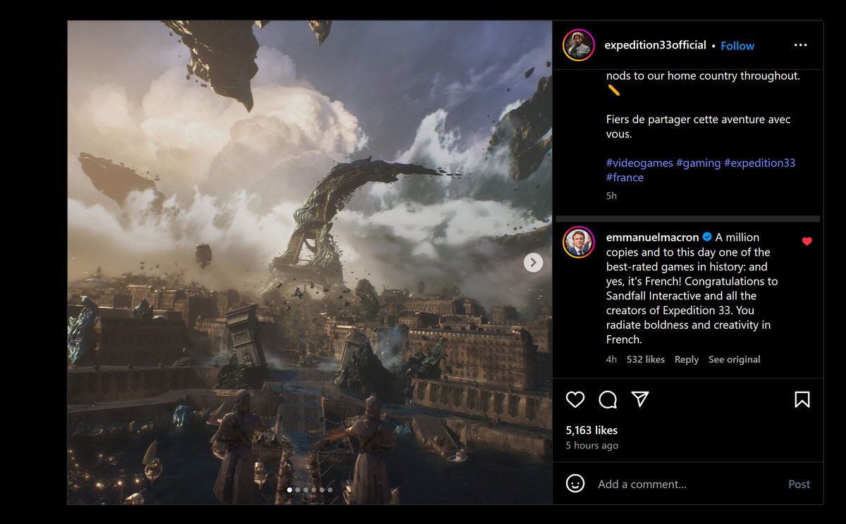 Macrons kommentar om Expedition 33. Illustration: Instagram